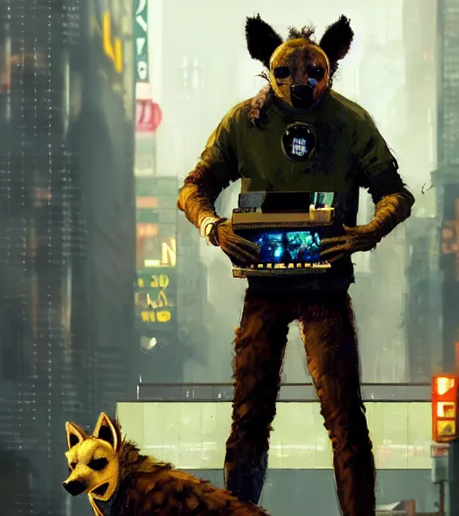 Image similar to new york city portrait of furry anthro anthropomorphic spotted hyena head animal person fursona wearing clothes strange cybernetic muzzle gloomy rainy screenshot from the video game cyberpunk 2077 digital art by Greg Rutkowski, Simon Stalenhag, christopher nolan trending on Artstation, CGSociety