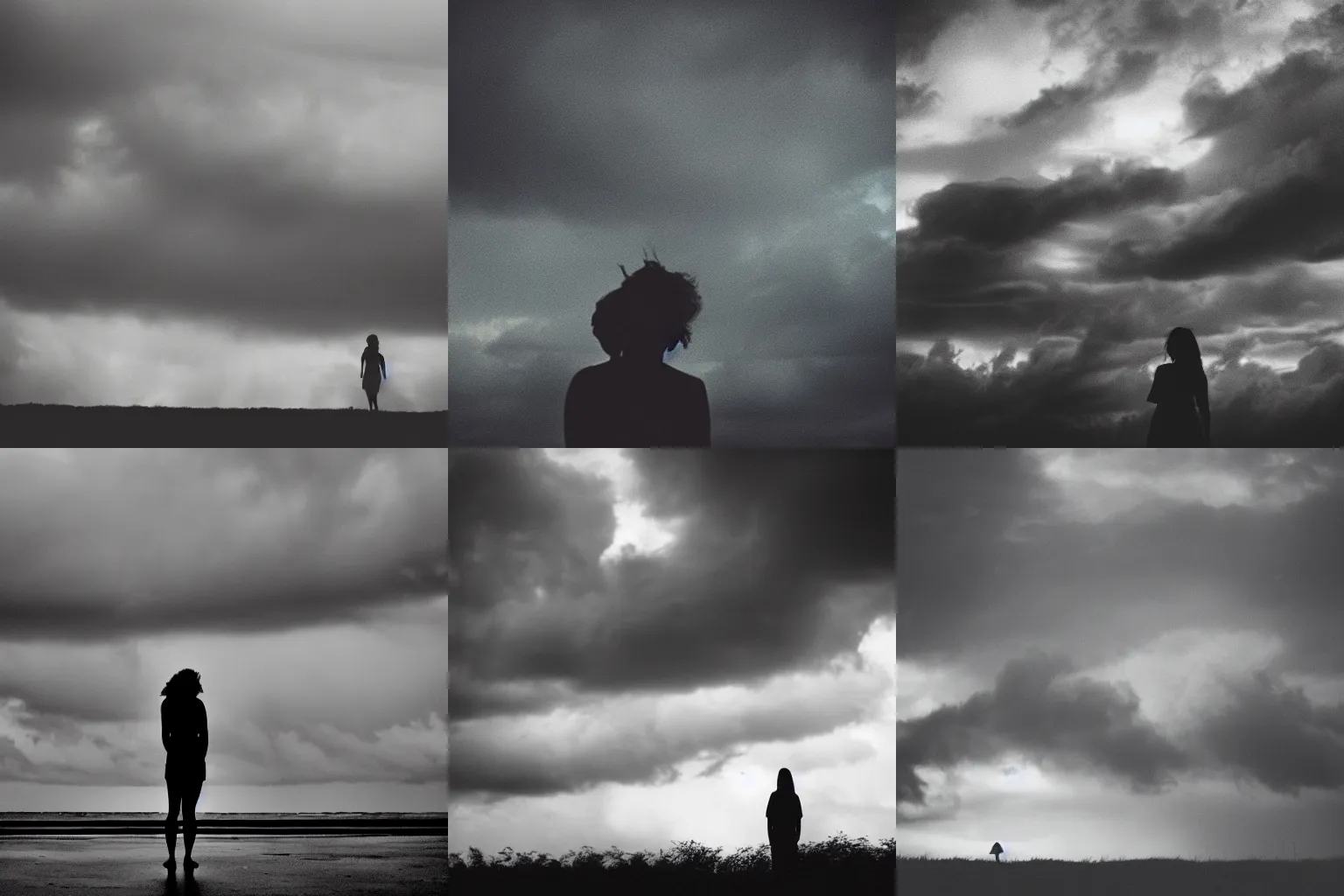 Prompt: silhouette of a woman against a stormy sky, 3 5 mm dark photograph