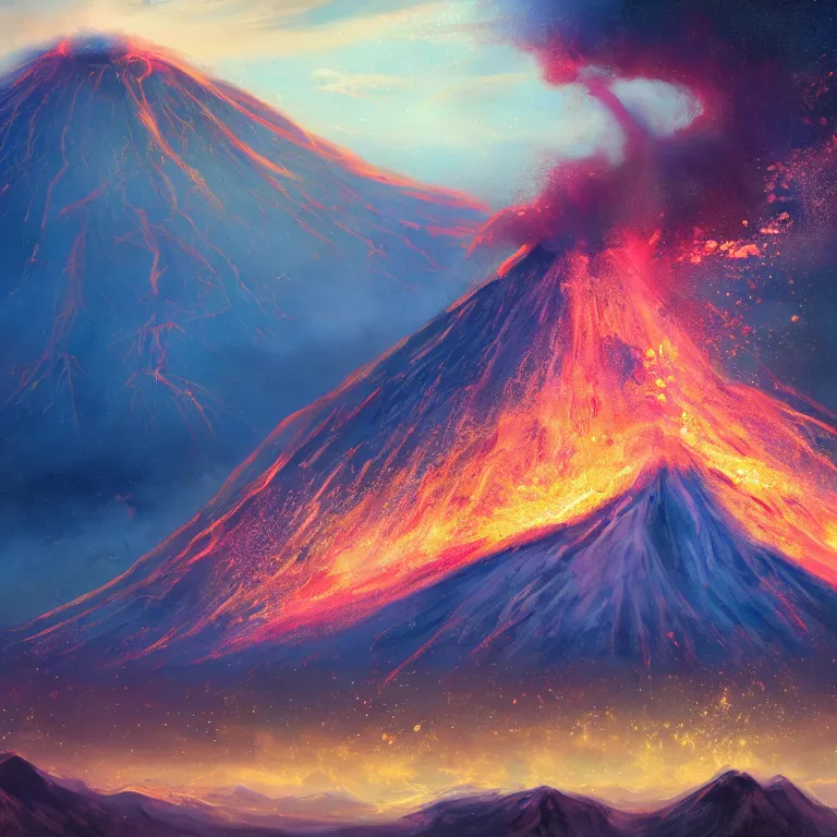 Image similar to a painting of a volcano from which come out flowers and stars exotic plants, all this happens in some kind of fantasy world, almost like in the sky or all in the amazing outdoors view, long exposure, 8 k resolution, trending on artstation