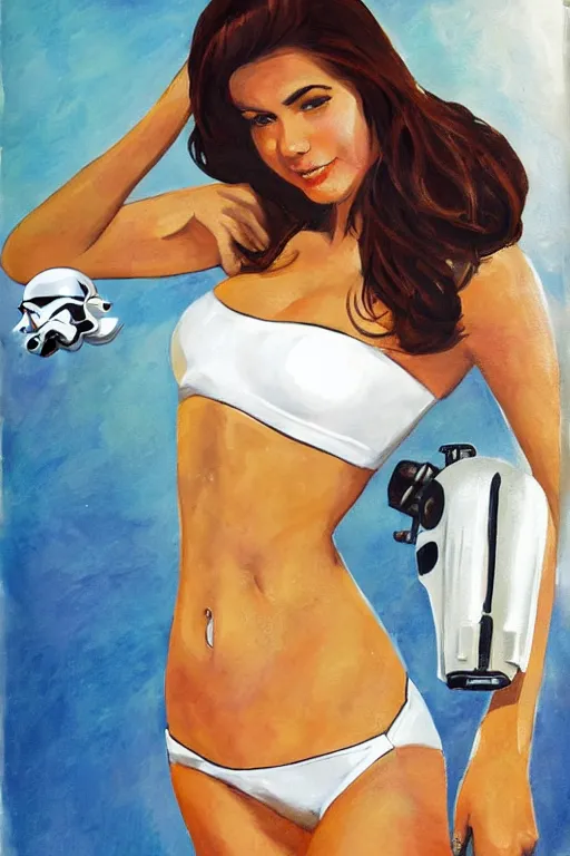 Image similar to female in white bikini with tattoos and stormtrooper helmet, well composed, clean elegant painting, beautiful detailed face. 6 0 s style advertising