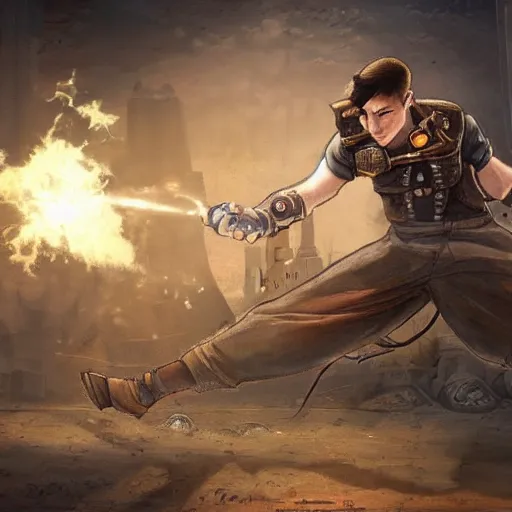 Image similar to An boy wearing steampunk wristband that shoots out a grapple using steam canisters, epic fantasy art style HD