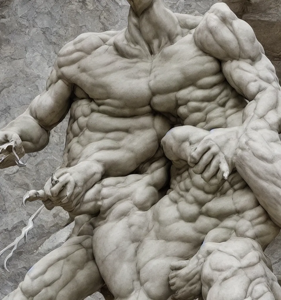 Prompt: a huge marble statue of wolverine by Rodin