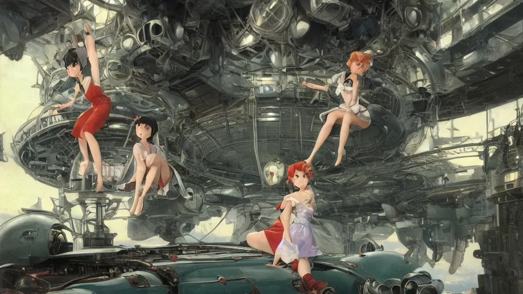 Prompt: a film still of a 1 9 5 0's mechanic anime girl sitting on top of flying ufo landing in hangar of giant ufo spaceship, finely detailed features, full body mid shot, perfect art,, trending on pixiv fanbox, painted by gaston bussiere, makoto shinkai, akihiko yoshida, gaston bussiere, craig mullins, studio ghibli