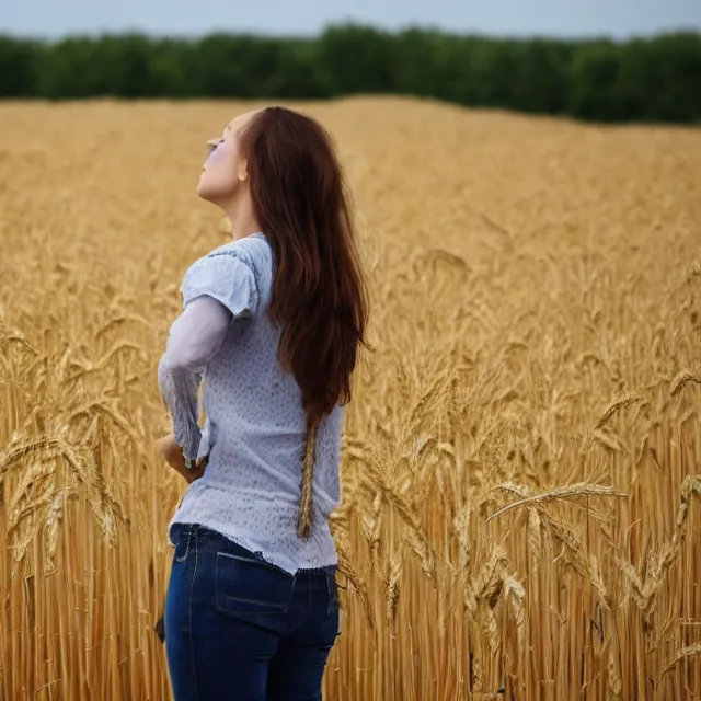 Prompt: A girl standing in a field, facing the wheat field, with the woods behind her