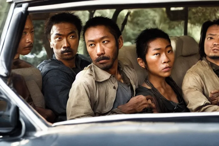 Prompt: movie diverse interracial team of Japanese robbers armed with rifles interior van, beautiful skin, natural lighting by Emmanuel Lubezki