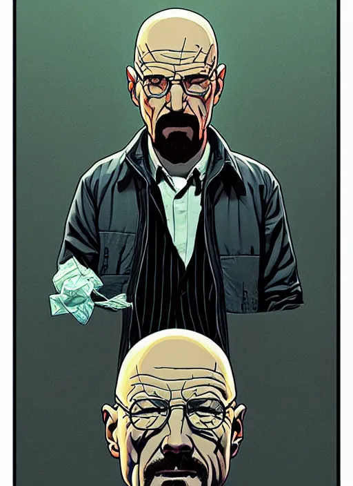 Image similar to highly detailed poster artwork by Michael Whelan and Tomer Hanuka, of Walter White, from scene from Breaking Bad, clean