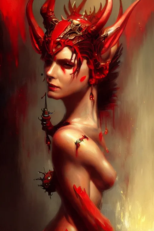 Image similar to attractive demon queen with red eyes painting by gaston bussiere, craig mullins, luis rollo, torso portrait, digital painting, highly detailed, artstation, sharp focus, illustration, concept art