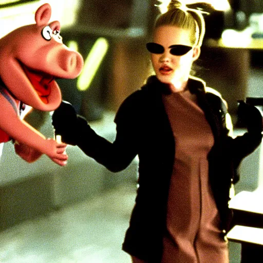 Image similar to movie still of miss piggy starring as trinity in the matrix 1 9 9 9 movie fighting agent smith