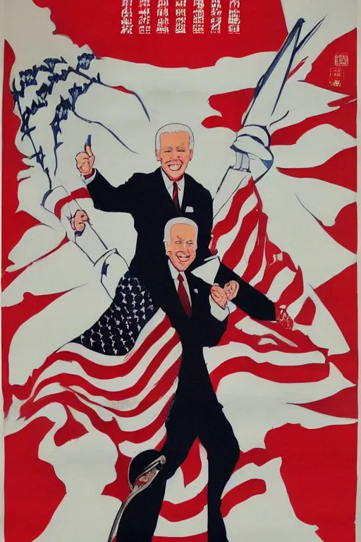 Prompt: an anti-American Chinese propaganda poster of the devil Joe Biden