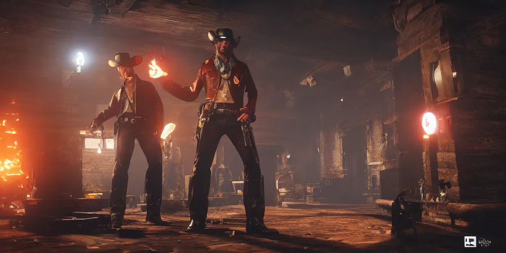 Image similar to a futuristic cowboy holding a glowing revolver to his enemies in a steampunk themed bar, red dead redemption 2, trending on artstation, digital art, award winning, cinematic lightning, god rays