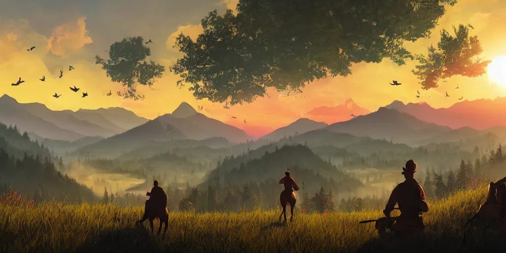 Prompt: A majestic landscape featuring a river, mountains and a forest. A group of birds is flying in the sky. There is man on a horse They are both staring at the sunset. Cinematic, very beautiful, painting in the style of firewatch