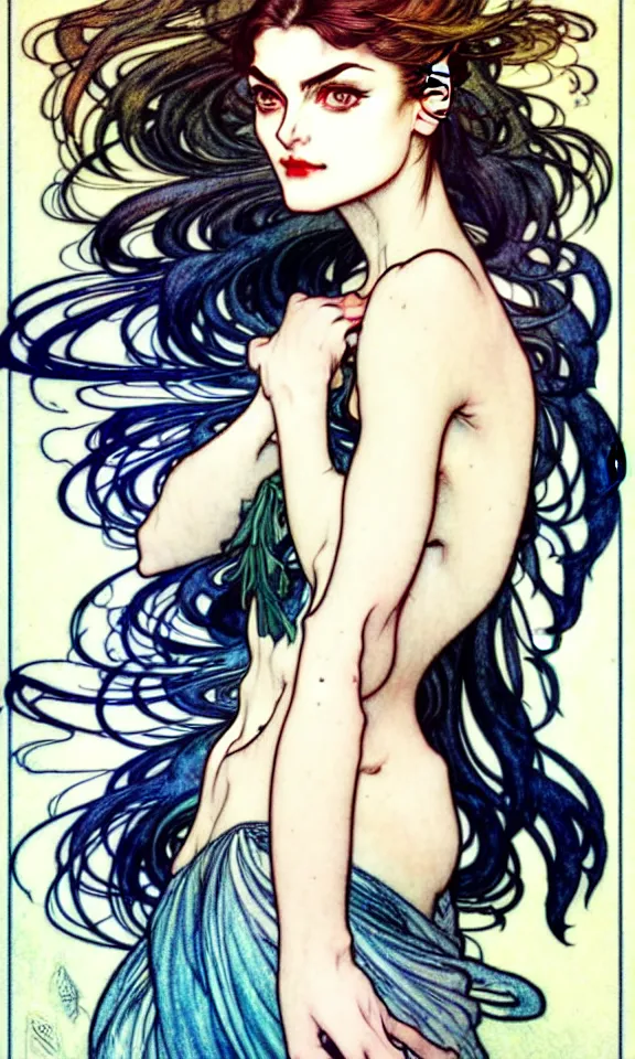 Image similar to in the style of artgerm, arthur rackham, alphonse mucha, phoebe tonkin, symmetrical eyes, symmetrical face, flowing blue skirt, full entire body, hair blowing, intricate filagree, hidden hands, warm colors, cool offset colors