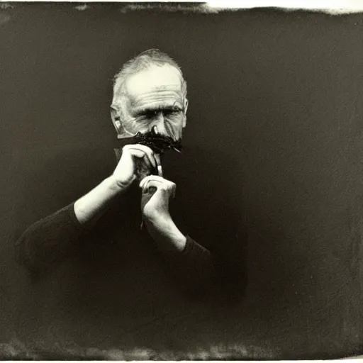 Prompt: middle aged man with hands tied behind back smoking a cigarette in his mouth, black chalk on white background