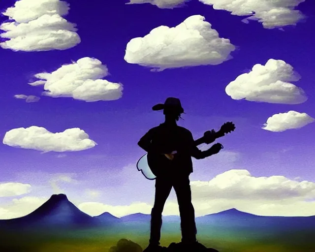 Image similar to A slightly silhouetted figure of a man with a guitar, clouds that look like mountains high in the sky, the clouds are a deep blue purple color with the sun blazing behind the clouds, deep focus, D&D, fantasy, intricate, elegant, highly detailed, digital painting, artstation, oil paint, matte, sharp focus, illustration, hearthstone, art by Ivan Aivazovsky