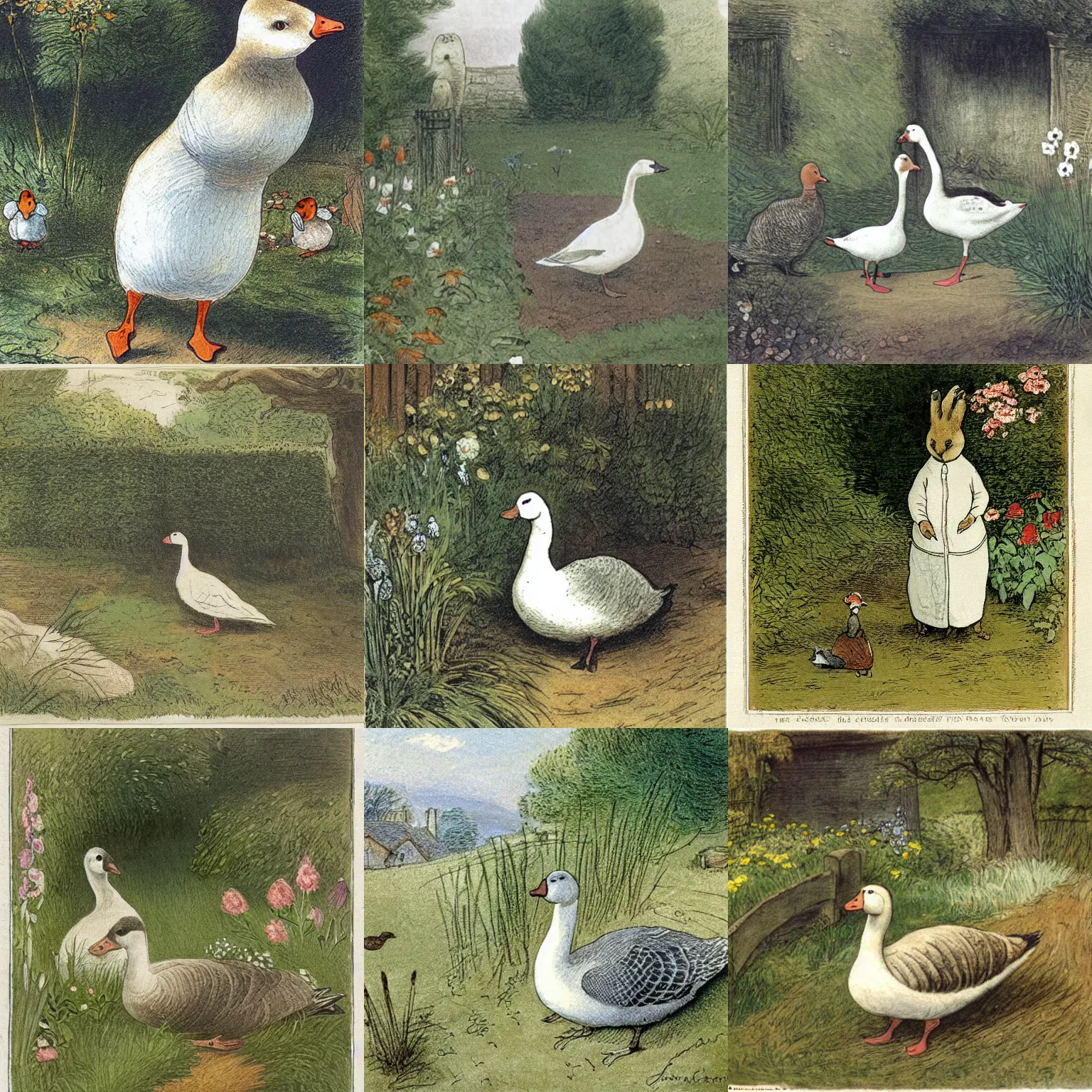 Prompt: goose, in the garden,Beatrix potter