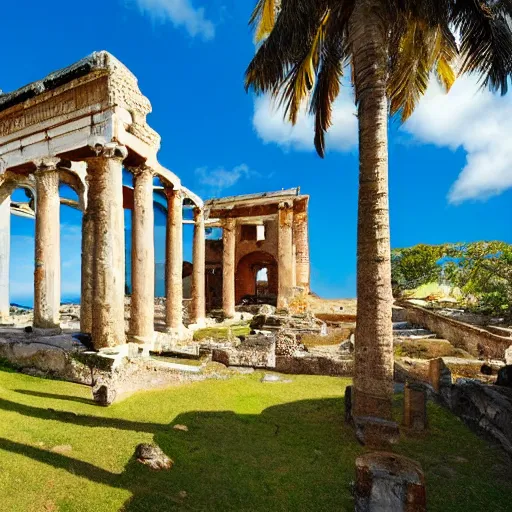 Prompt: an ancient roman palace on a tropical island