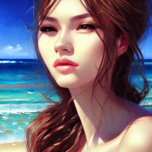 Prompt: portrait of beautiful woman on the beach, highly detailed, trending on art station, sharp focus, by wlop, rossdraws, artgerm.