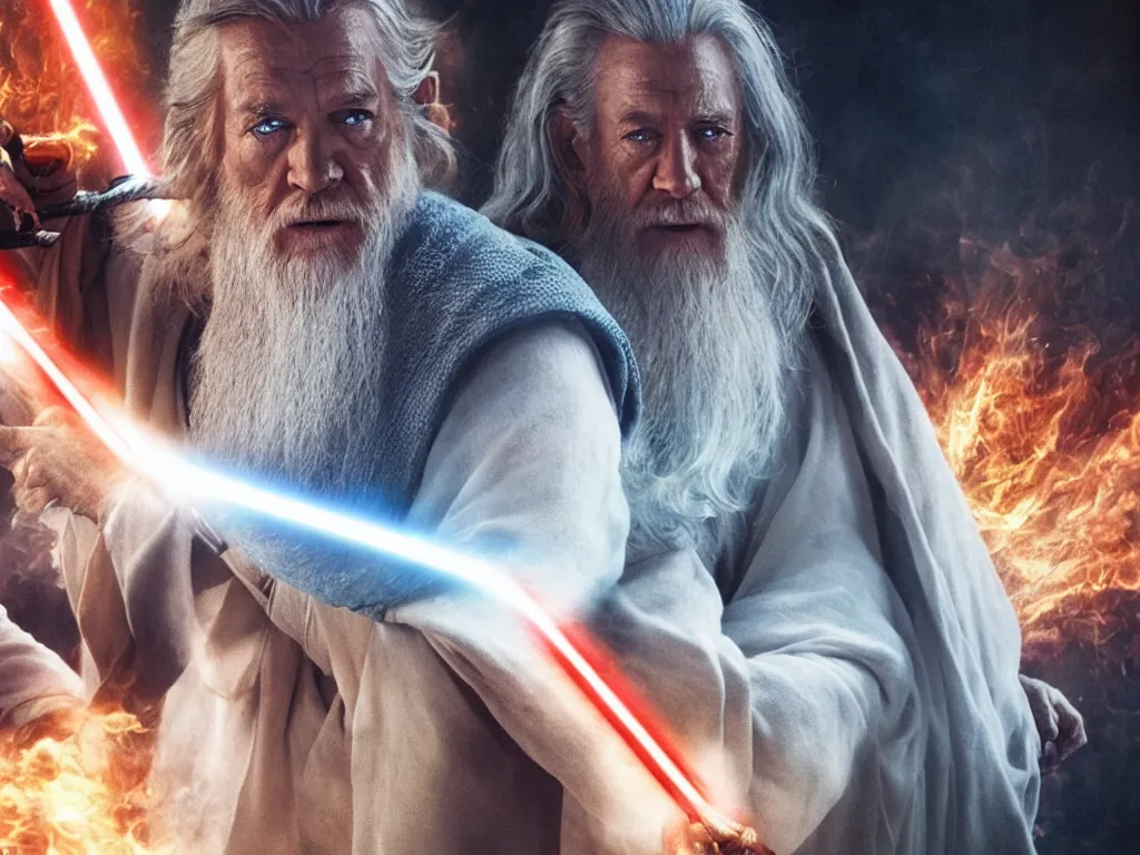 Image similar to Obi Wan fighting Gandalf