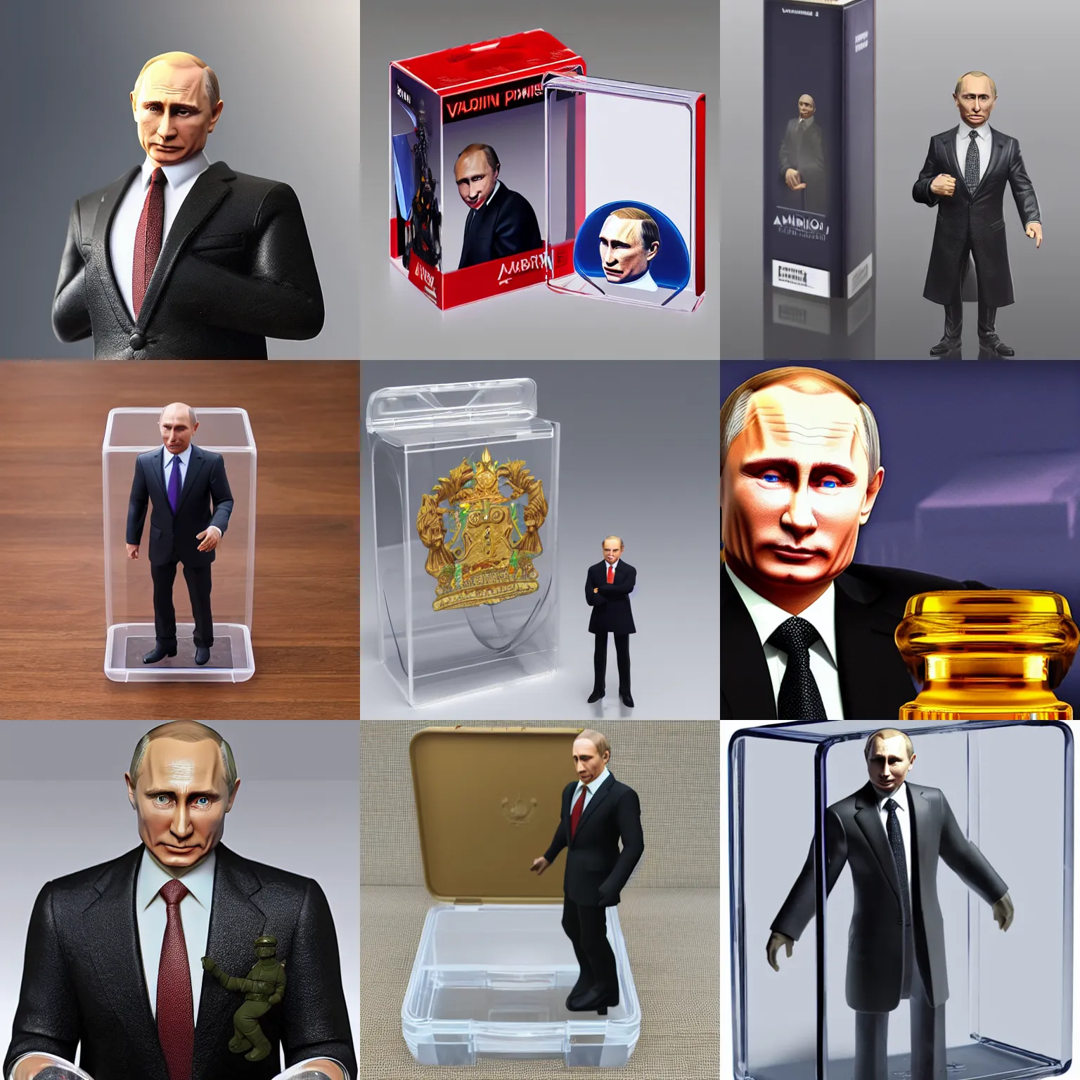 Prompt: Vladimir Putin amiibo in a transparent plastic box, 8k, raytracing, highly detailed, digital, photorealistic, unreal 6