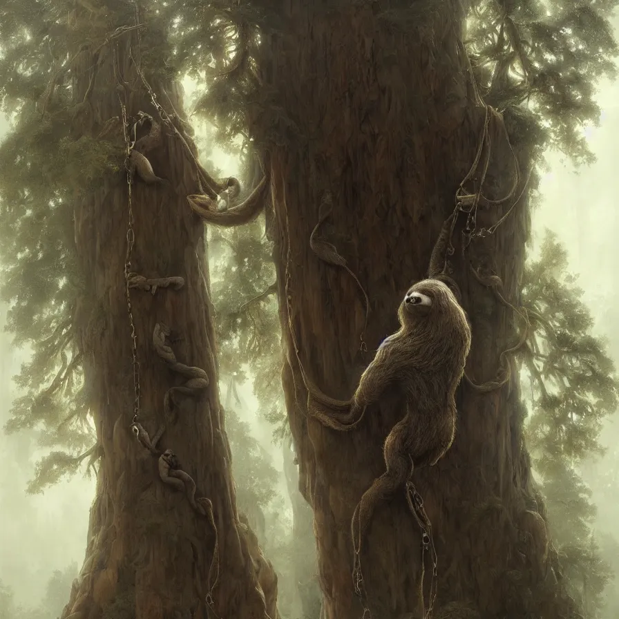 Prompt: colossal sloth hanging from a giant redwood tree, high detail, dramatic light, digital art, painted by greg rutkowski, painted by seb mckinnon, trending on artstation