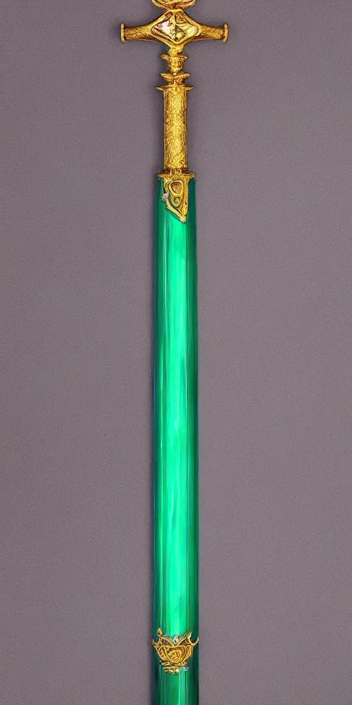 Image similar to photograph of a wide green and teal crystal sword with a big gold sword hilt