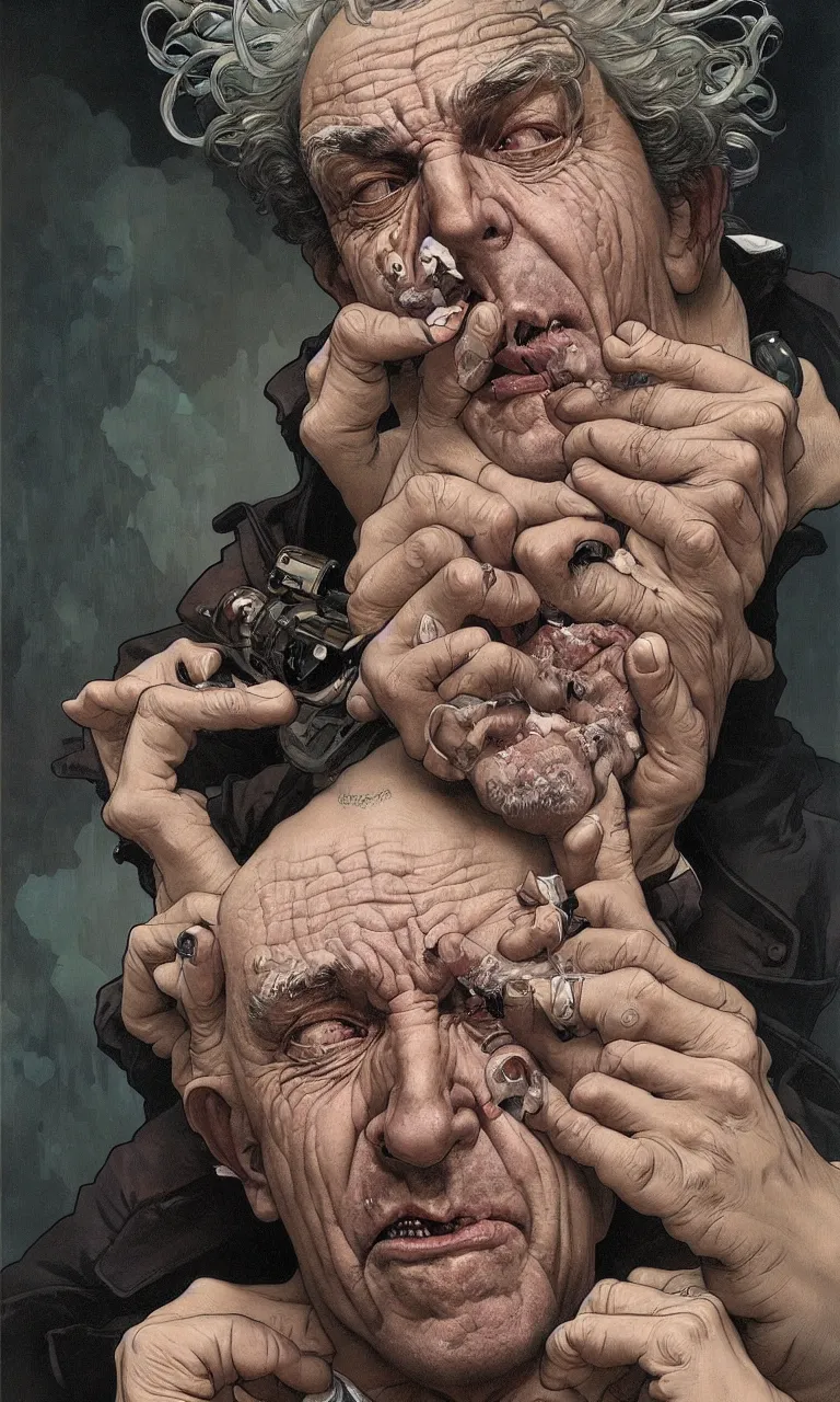 Image similar to hyper realistic grotesque portrait of an old drunk rick sanchez by lee bermejo, alphonse mucha and greg rutkowski