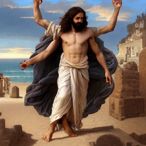 Image similar to an extremely detailed matte painting of a ridiculously good looking jesus that looks like a jewish gigachad with his 1 2 apostle entourage, long curly hair, elegant ancient greek dress, very detailed, windy beach, beautiful, intricate, cinematic, artstation, william bouguereau, alphonse mucha, greg rutkowski, rossdraws, octane render