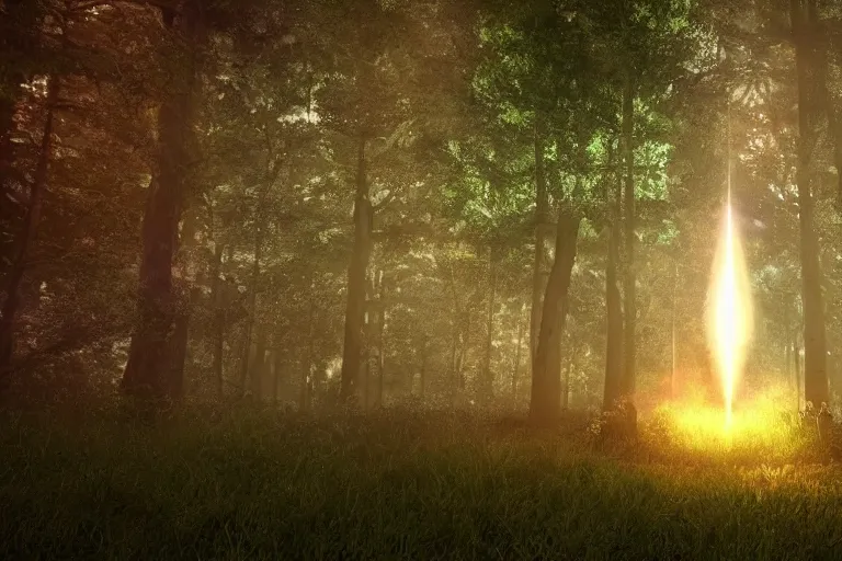 Prompt: A cosmic portal in an enchanted forest. Cinematic lighting. Photorealism.