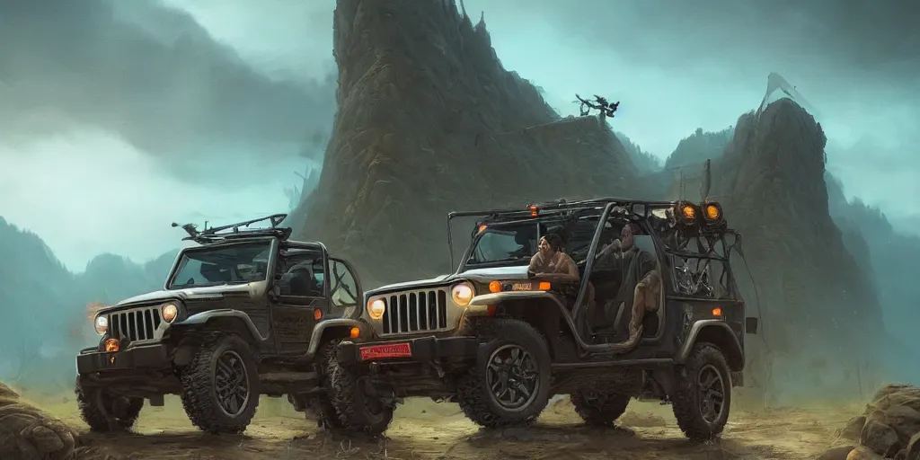 Image similar to Mahindra Thar, clawstrider near it, an epic fantasy, dramatic lighting, cinematic, establishing shot, extremely high detail, photorealistic, cinematic lighting, artstation, by simon stalenhag, horizon forbidden west