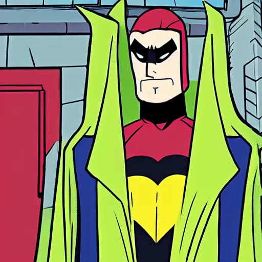 Image similar to Nite-Owl from Watchmen standing in an alleyway with his arms crossed and his cape blowing in the wind, in the style of Batman: The Animated Series, in the style of Bruce Timm, In the style of Justice League unlimited, Cartoon Style