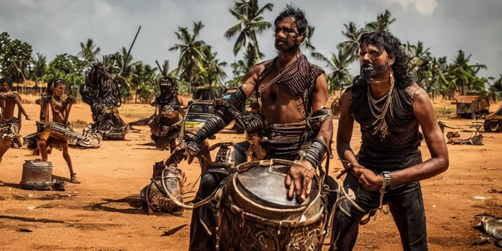 Image similar to sri lankan mad max style, playing bongo drum, film still, epic shot cinematography, rule of thirds