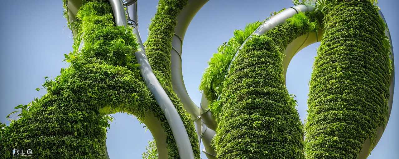 Image similar to torus shaped electrostatic water condensation collector tower, irrigation system in the background, vertical gardens, in the middle of the desert, XF IQ4, 150MP, 50mm, F1.4, ISO 200, 1/160s, natural light