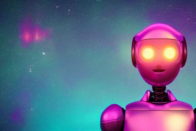 Image similar to a beautiful calm robot girl looking up to the stars, photograph, colorful background, render, 3 d, render, glows, neon, 8 k, 4 d,