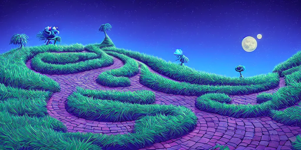 Prompt: blue hour, moonlight night stars, curled perspective digital art of spiral clouds cobblestone street with wildflowers top of a hill with spiral palmtrees by anton fadeev from nightmare before christmas. horton hears a who!