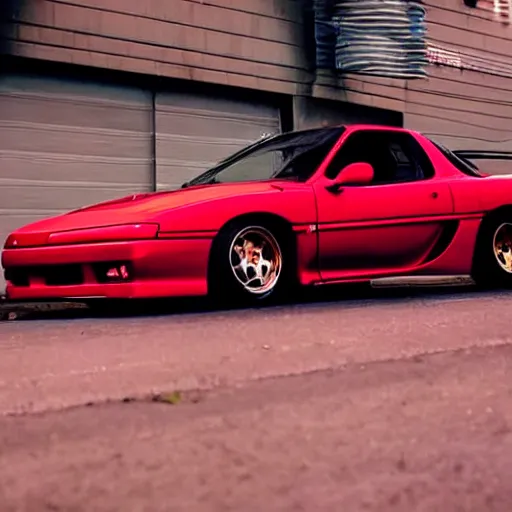 Prompt: a synthwave style 2 nd gen ( fc 3 s ) 1 9 9 0 red rx - 7 drifting on a neon road