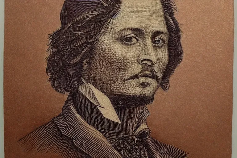 Image similar to An engraved portrait of Johnny Depp , detailed!!! copper-plate engraving in the style of money bills, fine!!! lines, engraved by Alfred Sealey, Bureau of Engraving and Printing