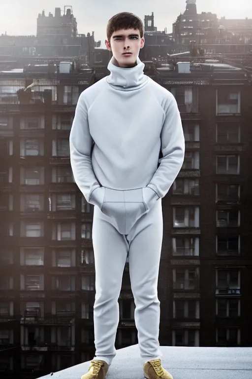 Image similar to un ultra high definition studio quality photographic art portrait of a young man standing on the rooftop of a british apartment building wearing soft padded silver pearlescent clothing. three point light. extremely detailed. golden ratio, ray tracing, volumetric light, shallow depth of field. set dressed.