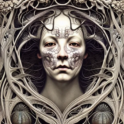 Prompt: detailed realistic beautiful porcelain calaveras face portrait by jean delville, gustave dore, iris van herpen and marco mazzoni, art forms of nature by ernst haeckel, art nouveau, symbolist, visionary, gothic, neo - gothic, pre - raphaelite, fractal lace, intricate alien botanical biodiversity, surreality, hyperdetailed ultrasharp octane render