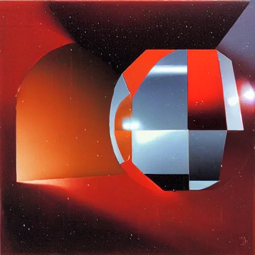 Prompt: chrome spheres on a red cube by john harris