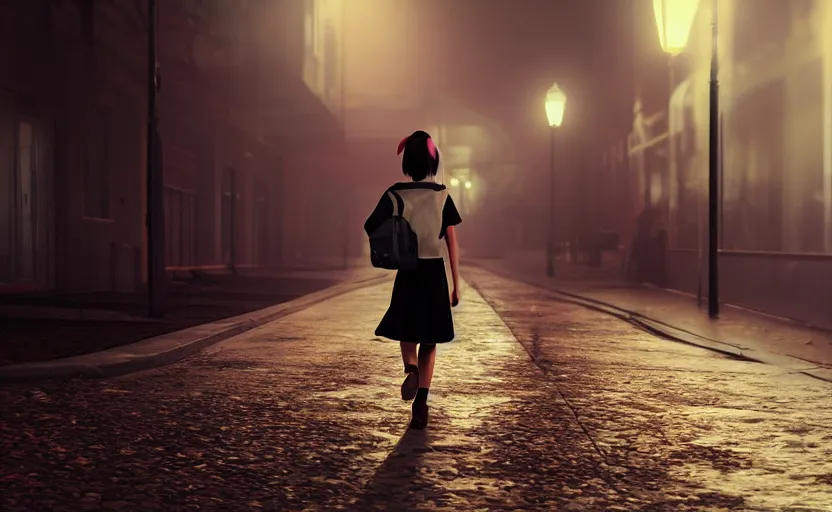 Image similar to school girl walking at night, gloomy and foggy atmosphere, octane render, cgsociety, artstation trending, horror scene, highly detailded