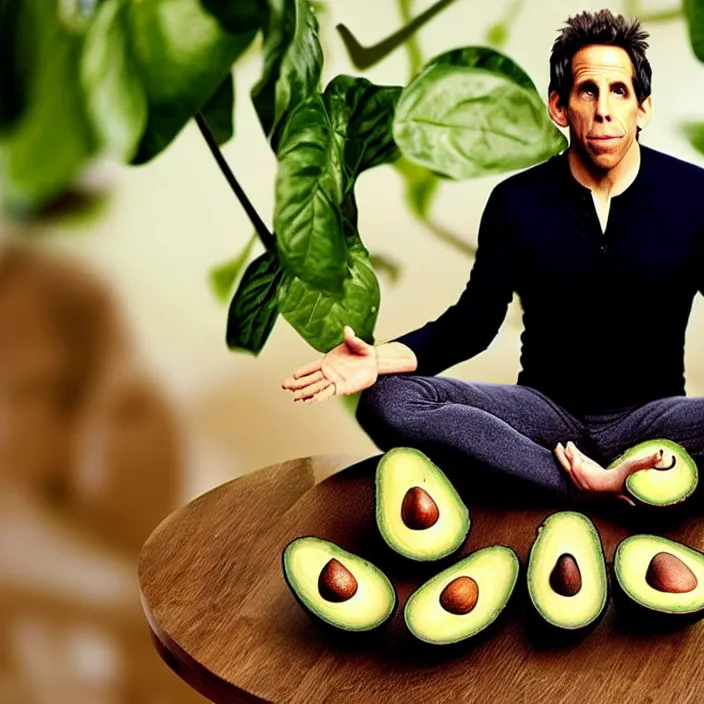 Image similar to ben stiller in the lotus position balancing stack of avocado on his head