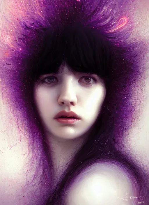 Image similar to hair whitebangs hair, black hair, whitebangsblackhair, portrait of teenage girl with white bangs, messy bangs, curly bangs, whitebangs, red irises, purple clothes, intricate, elegant, glowing lights, highly detailed, digital painting, artstation, concept art, sharp focus, illustration, art by wlop, mars ravelo and greg rutkowski