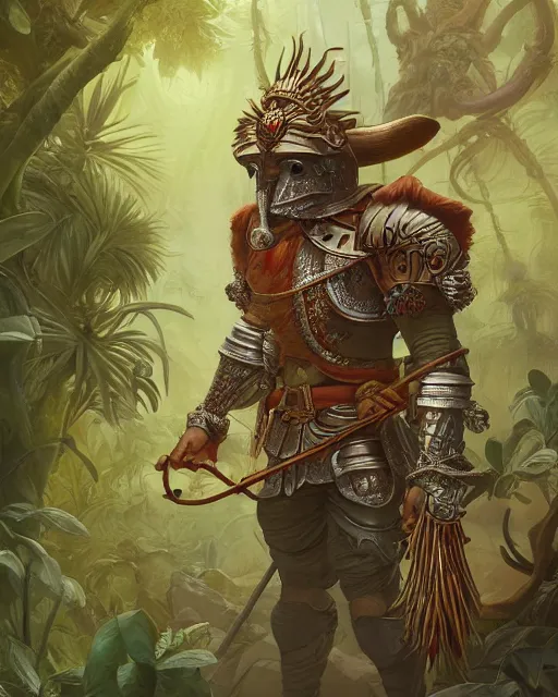 Image similar to 3d render of a spanish conquistador wearing ornate armor in a dense jungle, art by Peter mohrbacher and Dan mumford and studio ghibli, fantasy, intricate octane, trending on artstation, studio ghibli color scheme, detailed, 8k, concept art