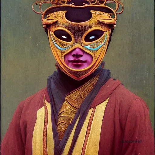 Image similar to portrait of masked Byzantine Tang Dynasty dancer on the art deco streets of the Undying Empire city of ya-Sattra during the Festival of Masks, award-winning realistic sci-fi concept art by Beksinski, Bruegel, Greg Rutkowski, Alphonse Mucha, and Yoshitaka Amano