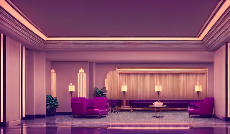 Image similar to a beautiful, sharp focus, clean lines. the interior of a vast 1 9 4 0 s art deco luxury hotel lobby. vaporwave ombre rendering. outrun style. trending on artstation. recommended for you behance. wes anderson colors. by chris moore. by edward hopper. ambient occlusion. digital matte painting. metropolis filmic. gotham city.