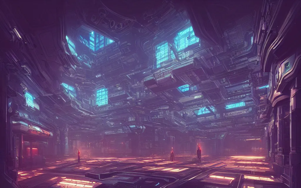 Image similar to futuristic cyberpunk venue, interior architecture view, beautiful detailed by albertov, intricate details, beautiful, dithered gradients, volumetric lighting, cgsociety, artstation, smooth, sharp focus, 3 d illustration, by greg rutkowski, amazing art by dan mumford