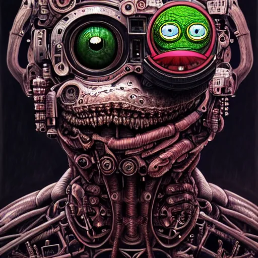 Image similar to ultra realist intricate detailed horror portrait of pepe frog, cyborg tech on body and legs, accurate features, cyberpunk, industrial, apocalyptic, very intricate details, focus, high resolution, 8 k resolution, dramatic lighting, artstyle alex ries and zdzisław beksinski, award winning