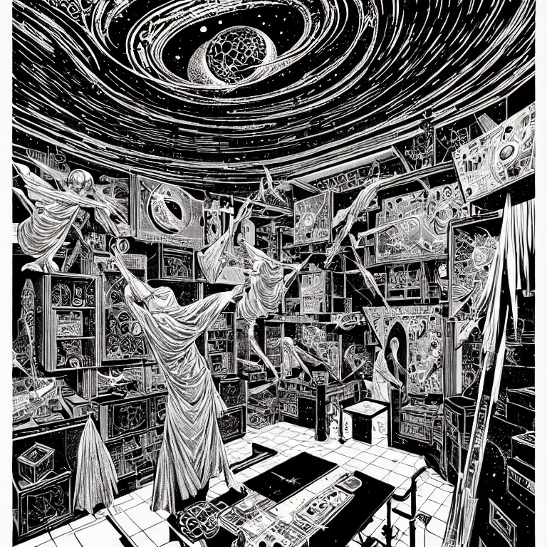 Image similar to ancient alchemist wizards laboratory, ceiling open to outerspace, high details, intricate clean line art, by vincent di fate, inking, 3 color screen print, masterpiece, trending on artstation, sharp, high contrast, hyper - detailed, hd, 4 k, 8 k