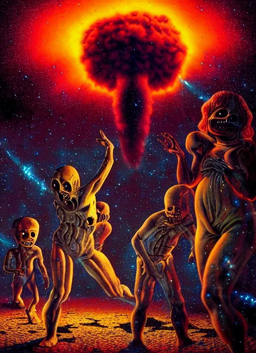 Prompt: detailed image of a dancing and creepy family in the deep space by richard corben, BTS show, nuclear explosion, rich deep colors. masterpiece . intricate artwork, very coherent symmetrical artwork, cinematic, hyper realism, high detail, auschwitz camp, octane render, unreal engine, 8k, Vibrant colors, Smooth gradients, High contrast, depth of field. by Katsuhiro Otomo, full body character drawing, inspired by Evangeleon, clean ink detailed line drawing, intricate detail, extremely detailed.