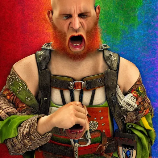 Image similar to angry scottish console gamer, detailed, colorful, 4 k, by albrecht durer